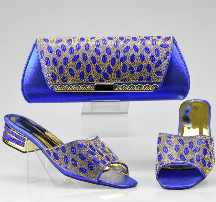 Blue Color Italian Ladies Shoe and Bag Set Decorated with Rhinestone