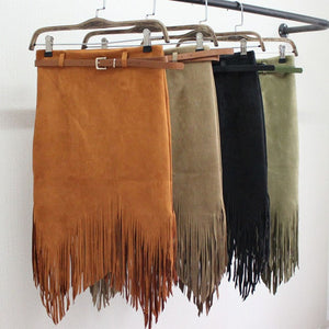 Women Pencil Knee-Length Knitting Cotton Tassel Fringe High Waist Asymmetrical skirts