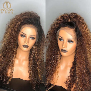 Honey Blonde Curly 13x6 Lace Front Human Hair Wigs Ombre Color Pre Plucked Human Hair Wigs For Black Women Nabeauty 150 Density