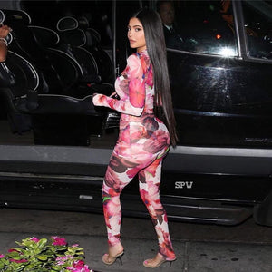 Women outfits Casual Print Flower Skinny tracksuits sheath long sleeve top and pencil pants plus size bodycon Kendall Jenner set