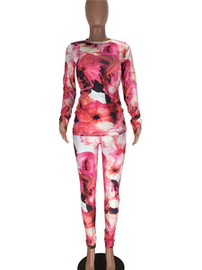 Women outfits Casual Print Flower Skinny tracksuits sheath long sleeve top and pencil pants plus size bodycon Kendall Jenner set