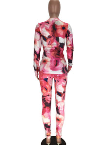 Women outfits Casual Print Flower Skinny tracksuits sheath long sleeve top and pencil pants plus size bodycon Kendall Jenner set