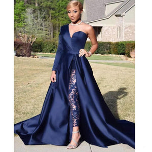 Blue Formal Celebrity Dresses A-line One-shoulder Slit Sexy Long Evening Dresses Famous Red Carpet Dresses