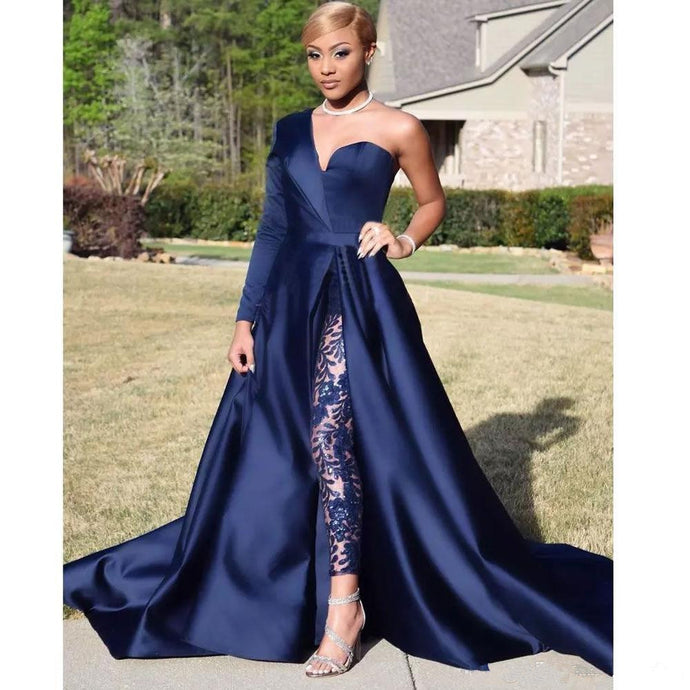 Blue Formal Celebrity Dresses A-line One-shoulder Slit Sexy Long Evening Dresses Famous Red Carpet Dresses