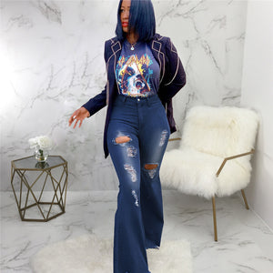 Women Ripped High Waist Wide Leg Bell-Bottoms Jeans