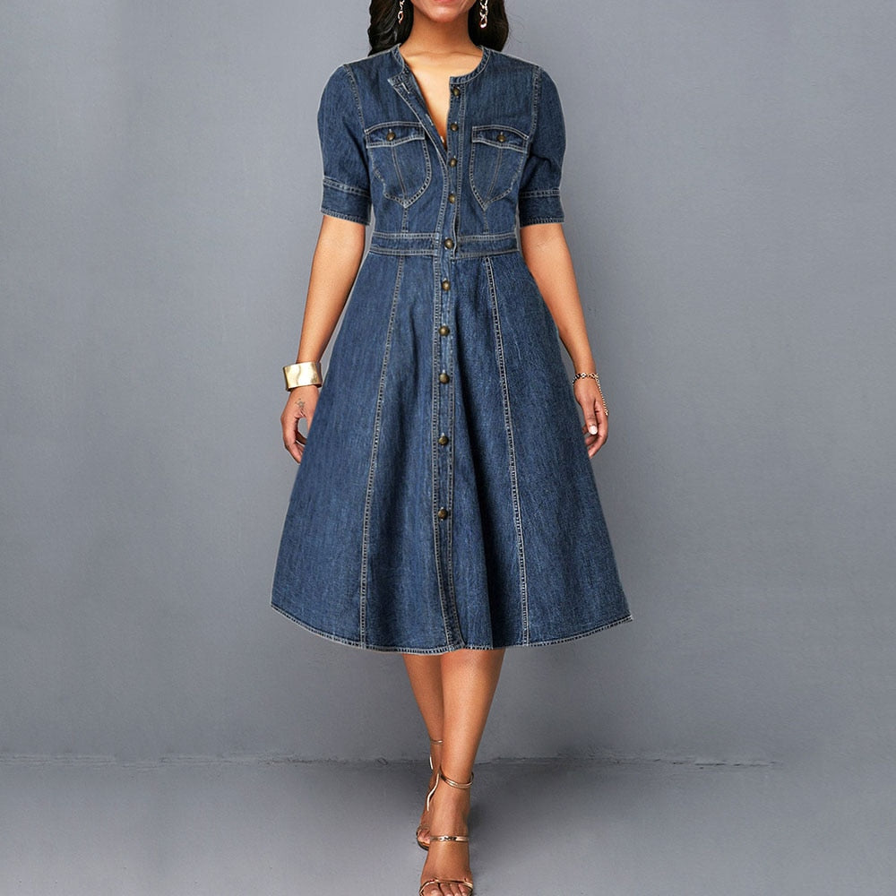 Ladies Jean O Neck Half Sleeve Denim Midi Dress