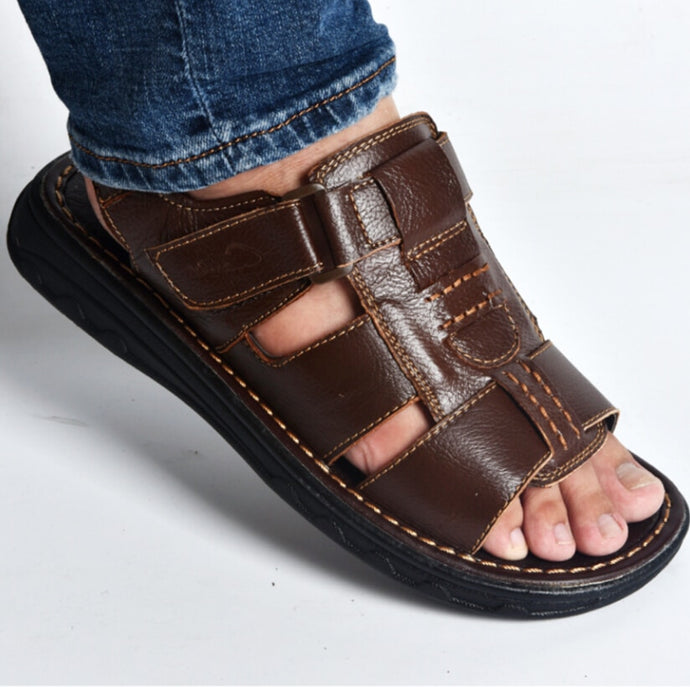 Summer mens slippers genuine leather sandals outdoor casual men leather sandals for Beach shoes hombre Hollow aerated shoes