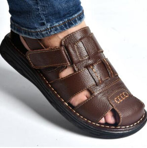 Summer mens slippers genuine leather sandals outdoor casual men leather sandals for Beach shoes hombre Hollow aerated shoes