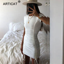 Load image into Gallery viewer, Women Pleated Drawstring Short Sleeve Skinny Mini Party Dress