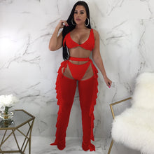 Load image into Gallery viewer, 3 Piece Bra Top Thongs Pearls Ruffle Sheer Mesh Pants Bikini And Trousers Suit 3 Colors