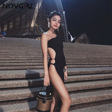 Load image into Gallery viewer, Novgirl One Shoulder Long Sleeve Metal Ring Hollow Out High Split Sexy Dress Women Irregular Bodycon Clubwear Party Midi Dress