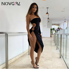 Load image into Gallery viewer, Novgirl One Shoulder Long Sleeve Metal Ring Hollow Out High Split Sexy Dress Women Irregular Bodycon Clubwear Party Midi Dress