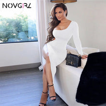 Load image into Gallery viewer, Novgirl One Shoulder Long Sleeve Metal Ring Hollow Out High Split Sexy Dress Women Irregular Bodycon Clubwear Party Midi Dress