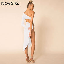 Load image into Gallery viewer, Novgirl One Shoulder Long Sleeve Metal Ring Hollow Out High Split Sexy Dress Women Irregular Bodycon Clubwear Party Midi Dress