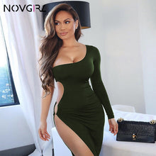 Load image into Gallery viewer, Novgirl One Shoulder Long Sleeve Metal Ring Hollow Out High Split Sexy Dress Women Irregular Bodycon Clubwear Party Midi Dress