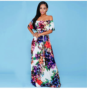 MC 7257 2020 Europen and American Women clothes Long Dress Plus Size Breast Size Off-shoulder Short-sleeve Printing Ground Dress