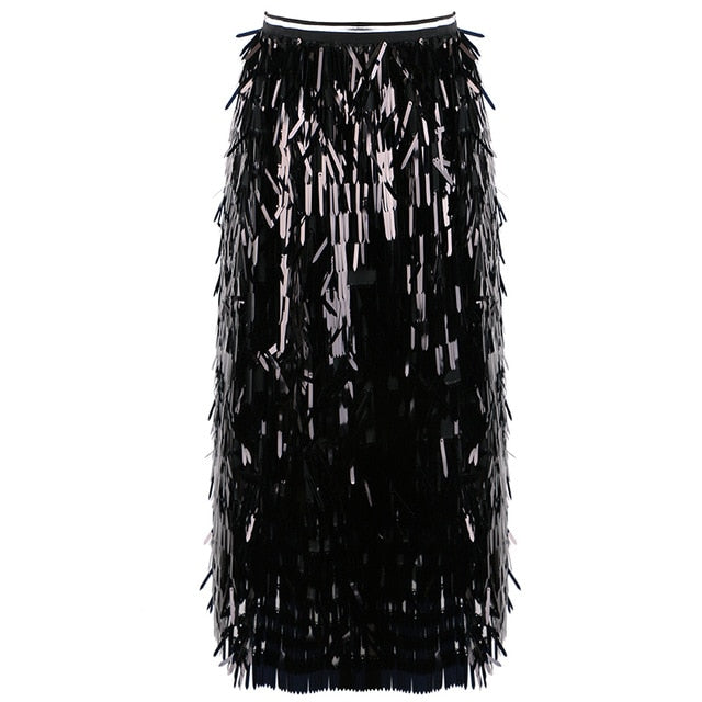 Elastic High Waist Sequin Tassel All-match Women's Mesh Skirt