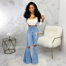 Load image into Gallery viewer, Tsuretobe Casual Flare Ripped Denim Jumpsuit Women Fashion Wide Leg Pant Romper Spaghetti Strap Overalls Pleated Vestidos Female