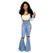 Load image into Gallery viewer, Tsuretobe Casual Flare Ripped Denim Jumpsuit Women Fashion Wide Leg Pant Romper Spaghetti Strap Overalls Pleated Vestidos Female