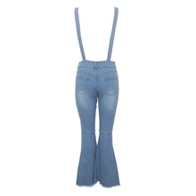 Load image into Gallery viewer, Tsuretobe Casual Flare Ripped Denim Jumpsuit Women Fashion Wide Leg Pant Romper Spaghetti Strap Overalls Pleated Vestidos Female