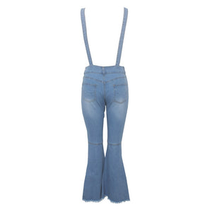 Tsuretobe Casual Flare Ripped Denim Jumpsuit Women Fashion Wide Leg Pant Romper Spaghetti Strap Overalls Pleated Vestidos Female