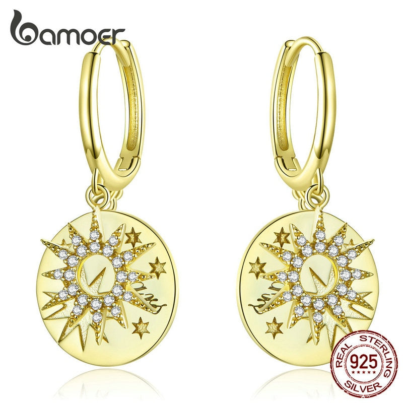 Golden Stars Round Dangle Earrings with Charm Genuine 925 Sterling Silver Wedding Statement Luxury Jewelry