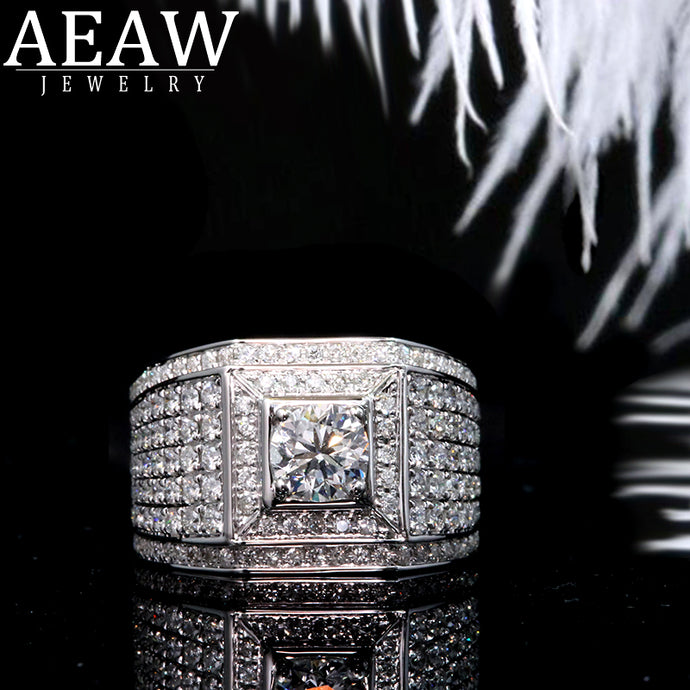 AEAW Luxurious Pave Moissanite Ring 14k White Gold 5mm 0.5ct Round Cut Brillant Lab Diamond Band For Men's Wedding Men's Jewelry