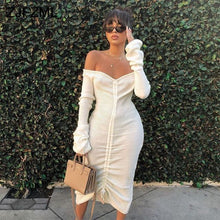 Load image into Gallery viewer, Front Drawstring Sexy Bandage Dresses Women White Slash Neck Long Sleeve Club Party Dress Autumn Winter Off Shoulder Maxi Dress