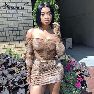 Simenual Sexy Hot Snake Print Matching Set Women Off Shoulder Fashion 2019 Two Piece Outfits Long Sleeve Bodysuit And Skirt Sets