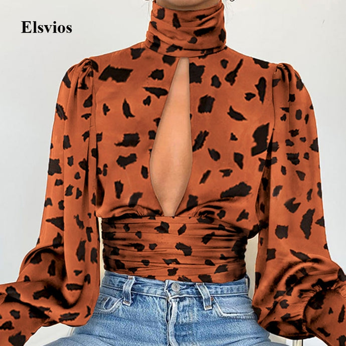 Leopard Turtleneck Satin Silk Hollow Out Backless Women Blouse