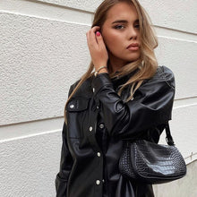 Load image into Gallery viewer, Sweetown Black Faux Leather Blouses Shirt Women Streetwear Covered Button Turn Down Collar Ladies Blouses Manches Bouffantes