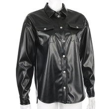 Load image into Gallery viewer, Sweetown Black Faux Leather Blouses Shirt Women Streetwear Covered Button Turn Down Collar Ladies Blouses Manches Bouffantes