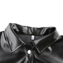 Load image into Gallery viewer, Sweetown Black Faux Leather Blouses Shirt Women Streetwear Covered Button Turn Down Collar Ladies Blouses Manches Bouffantes