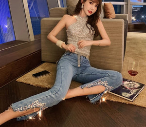 Beading High Waist Jeans Split Slim Fit Flare Trousers Fashion