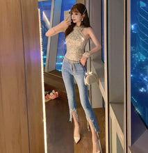 Load image into Gallery viewer, Beading High Waist Jeans Split Slim Fit Flare Trousers Fashion