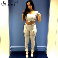 Load image into Gallery viewer, Simenual Striped Patchwork Sporty Matching Set Women Fashion Casual Workout 2 Piece Outfits Short Sleeve Crop Top And Pants Sets