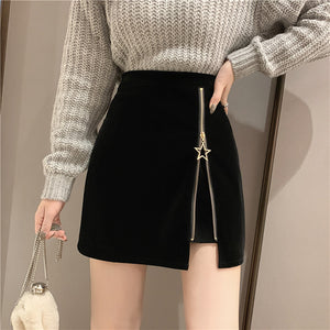 FairyShely Black Zipper Mini Skirt Women Velvet Short Pencil Skirt Ladies 2020 Fashion Office Work High Waist Skirts