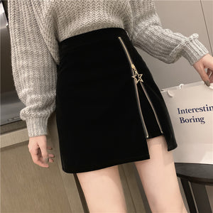 FairyShely Black Zipper Mini Skirt Women Velvet Short Pencil Skirt Ladies 2020 Fashion Office Work High Waist Skirts