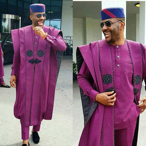 Men's African Plus Size Dashiki Purple Embroidery Boubous Tops Shirt Pant Men Clothes Formal Attire