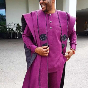 Men's African Plus Size Dashiki Purple Embroidery Boubous Tops Shirt Pant Men Clothes Formal Attire