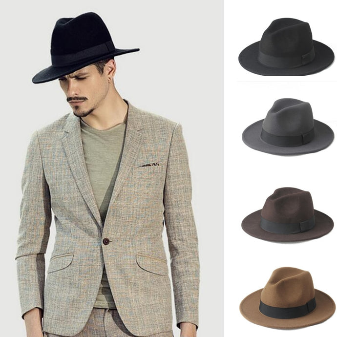 Wool Men Felt Trilby Fedora Hat For Gentleman Wide Brim Top Cloche Panama Sombrero Cap Size 56-58,size 59-61CM