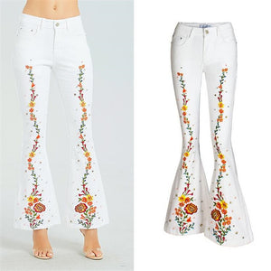 Women Flares Jeans Plus Size Stretch Button Beaded Jeans Casual Denim Pants Trousers