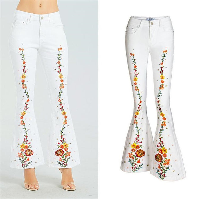 Women Flares Jeans Plus Size Stretch Button Beaded Jeans Casual Denim Pants Trousers