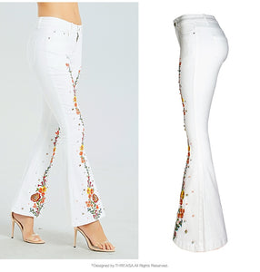 Women Flares Jeans Plus Size Stretch Button Beaded Jeans Casual Denim Pants Trousers