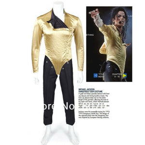 HOT MJ Michael Jackson Classic BAD Dangerous Jam Golden  Body suit Costume Jacket  pants For Performance Collection 1990S