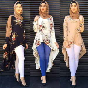 Dubai Arab Muslim Blouse and Shirt Women Print Floral Asymmetry Hem Loose Hijab Tops Islam Dovetail Blouses Islamic Clothing