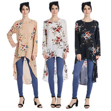 Load image into Gallery viewer, Dubai Arab Muslim Blouse and Shirt Women Print Floral Asymmetry Hem Loose Hijab Tops Islam Dovetail Blouses Islamic Clothing