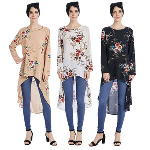 Dubai Arab Muslim Blouse and Shirt Women Print Floral Asymmetry Hem Loose Hijab Tops Islam Dovetail Blouses Islamic Clothing