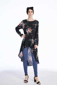 Dubai Arab Muslim Blouse and Shirt Women Print Floral Asymmetry Hem Loose Hijab Tops Islam Dovetail Blouses Islamic Clothing