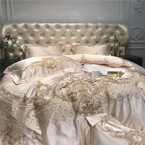 Luxury Champagne Blue Silk Egyptian Cotton Gold Embroidery European Palace Bedding Set Duvet Cover Bed sheet/Linen Pillowcases